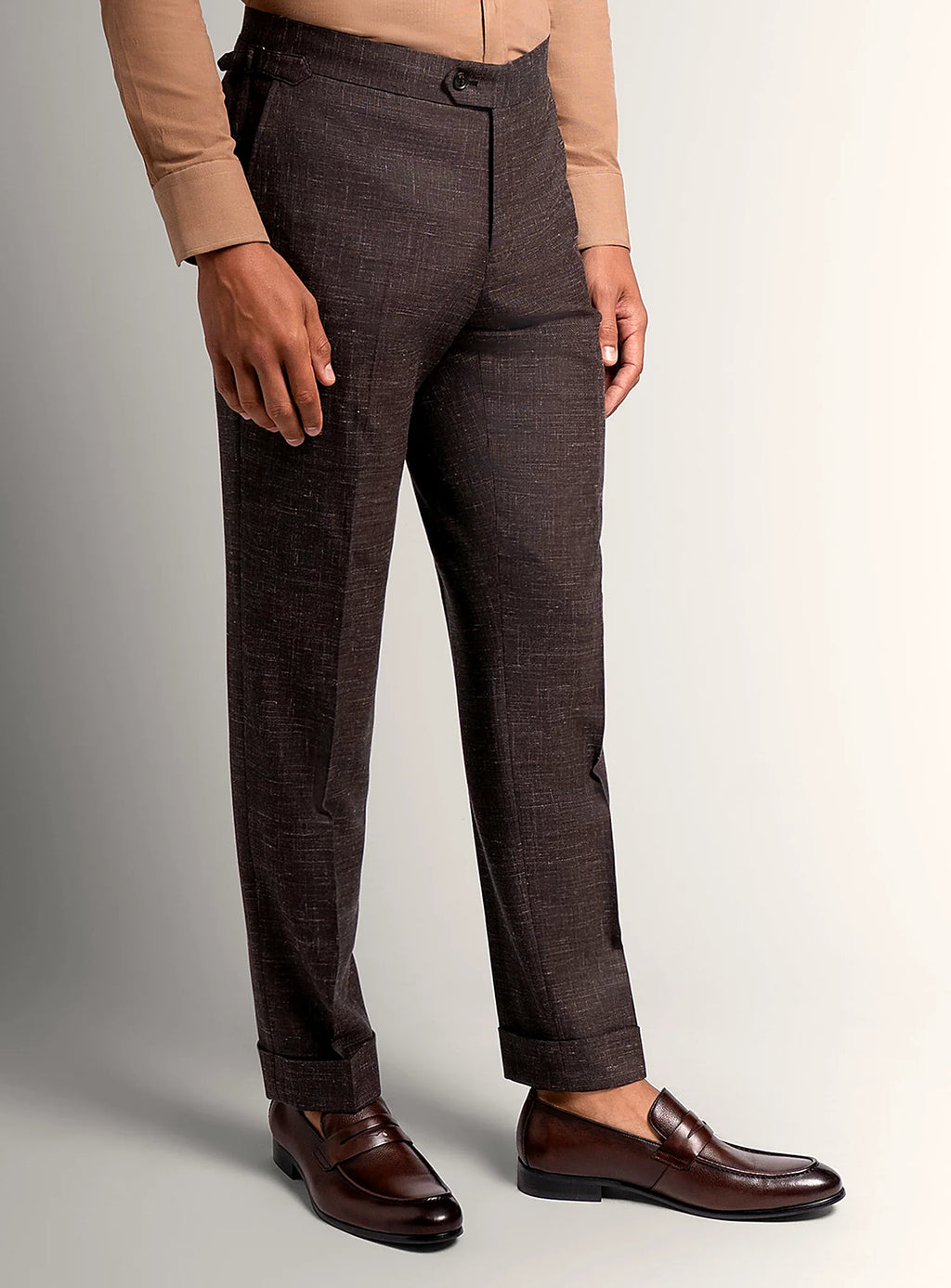 Chocolate brown mouline trousers shown full length