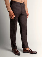 Chocolate brown mouline trousers shown full length
