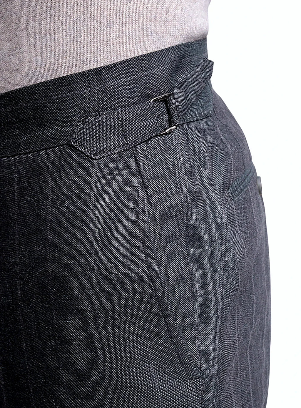 Side view of the tapered olive trouser leg