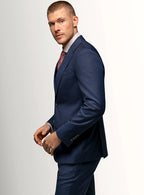 Collar and lapel detail of the navy suit jacket