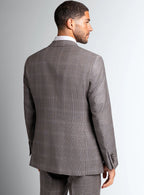 Notch lapel detail on the taupe brown jacket