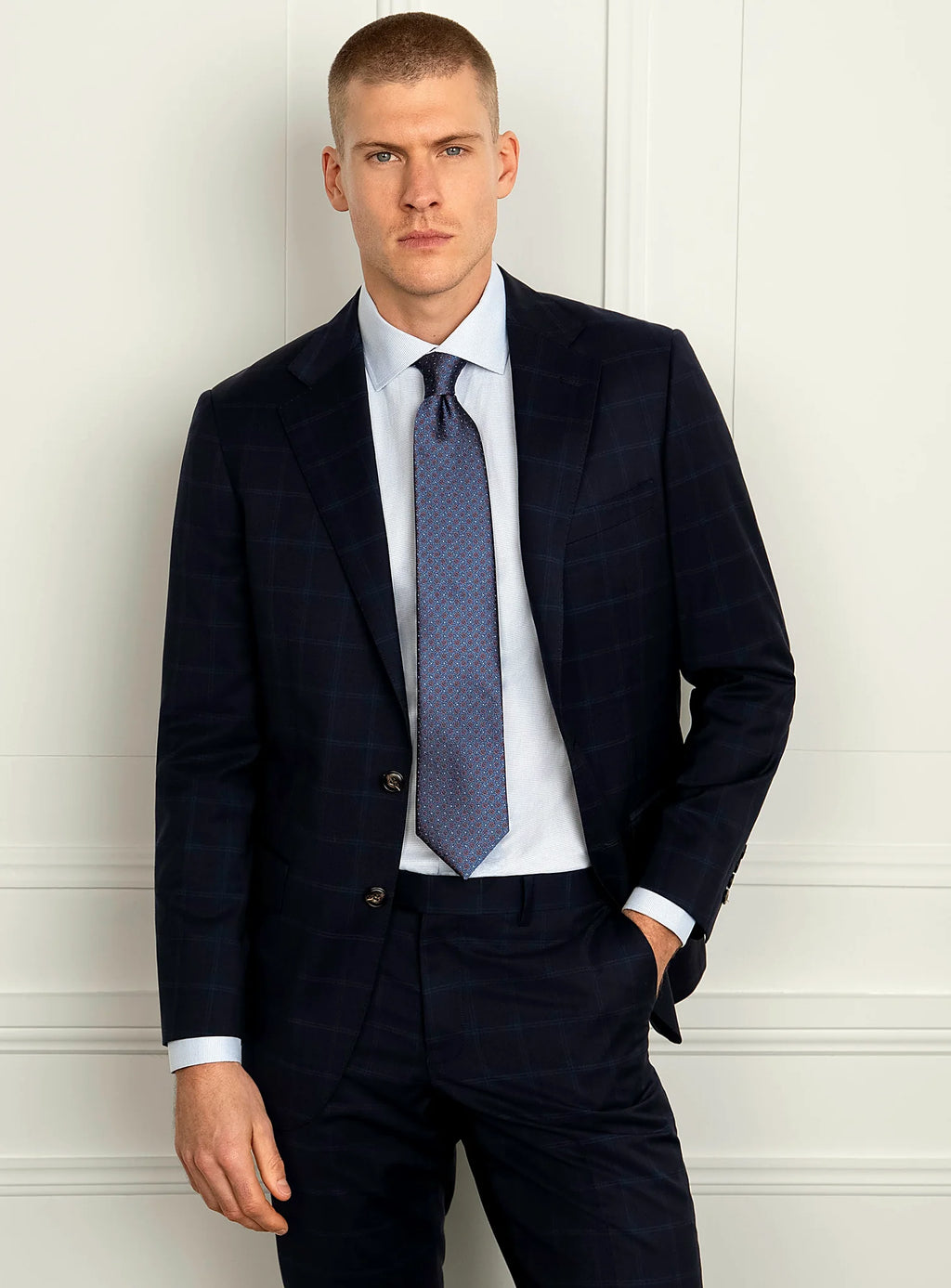 Close view of the windowpane check across the jacket front