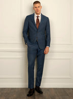Angled view of the blue jacket and matching trousers