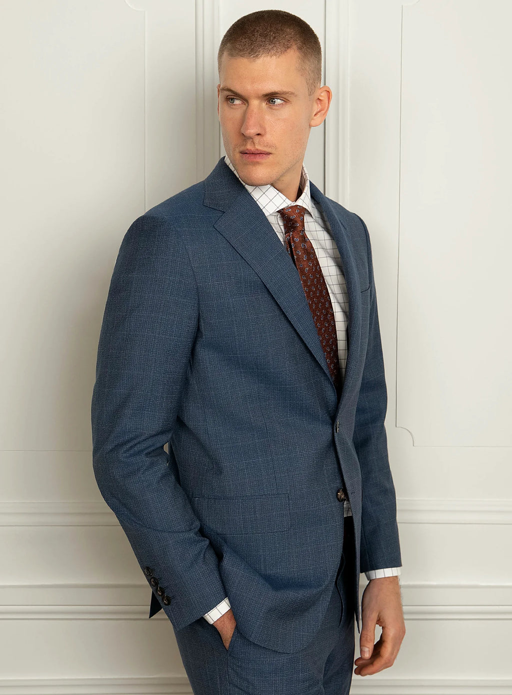 Close view of the tonal plaid in the light blue cloth