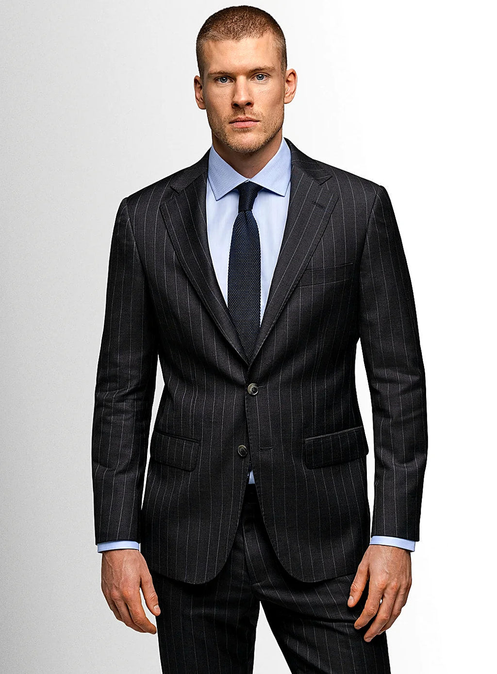 Charcoal wide pinstripe suit shown full length