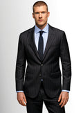 Charcoal wide pinstripe suit shown full length