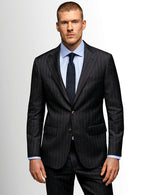 Charcoal wide pinstripe suit shown full length