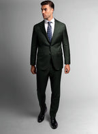 Angled view of the green jacket and matching trousers