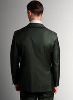 Collar and lapel detail of the green suit jacket