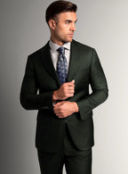 Dark green twill suit shown full length on a model