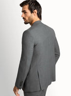 Close view of the fine plain weave in mid grey