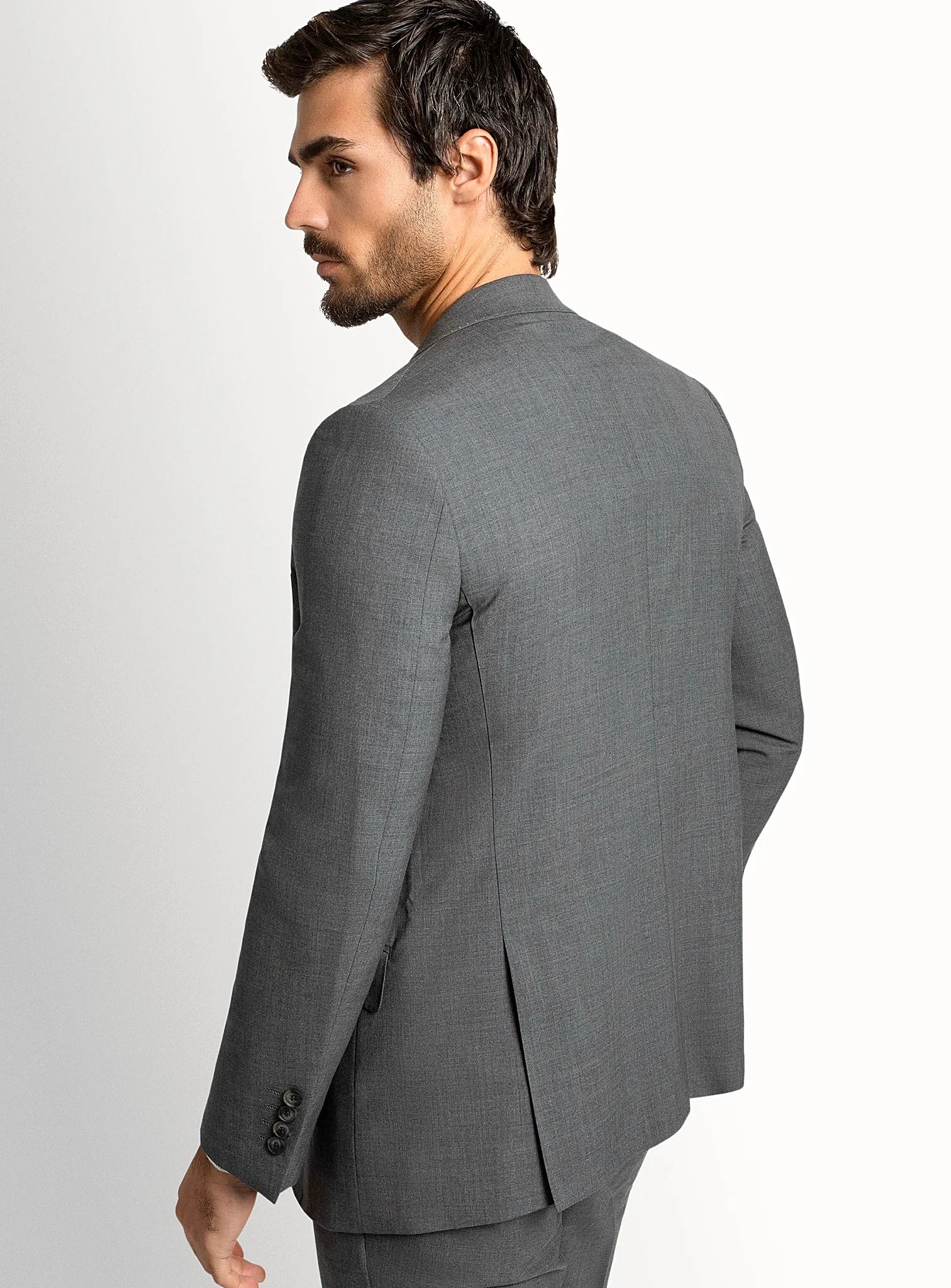 Close view of the fine plain weave in mid grey