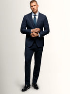 Angled view of the navy jacket and matching trousers