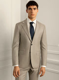 Stone beige suit shown full length with a white shirt