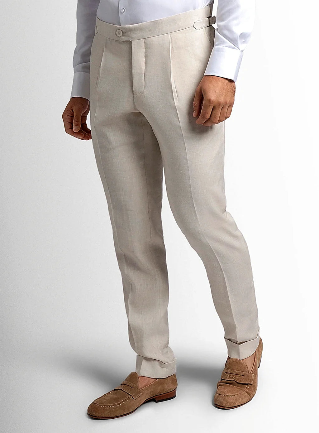 Side view of the tapered cream trouser leg