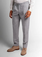 Close view of the pleated front and extended waistband