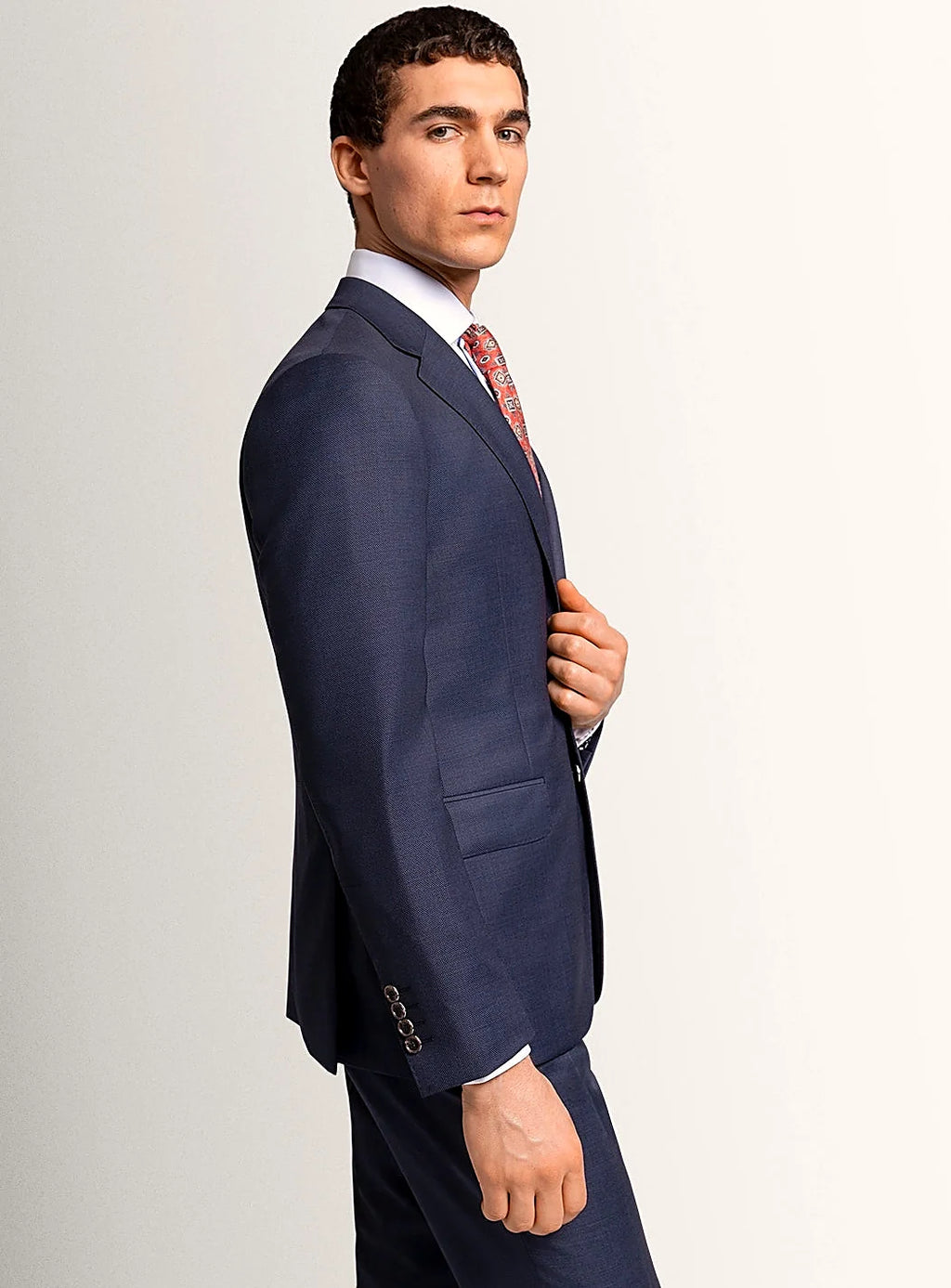 Close view of the birdseye texture in navy
