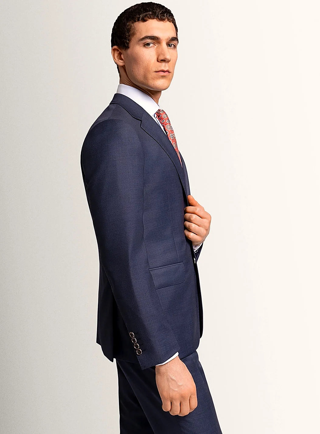 Close view of the birdseye texture in navy