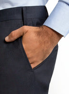 Close view of the soft twill weave in navy