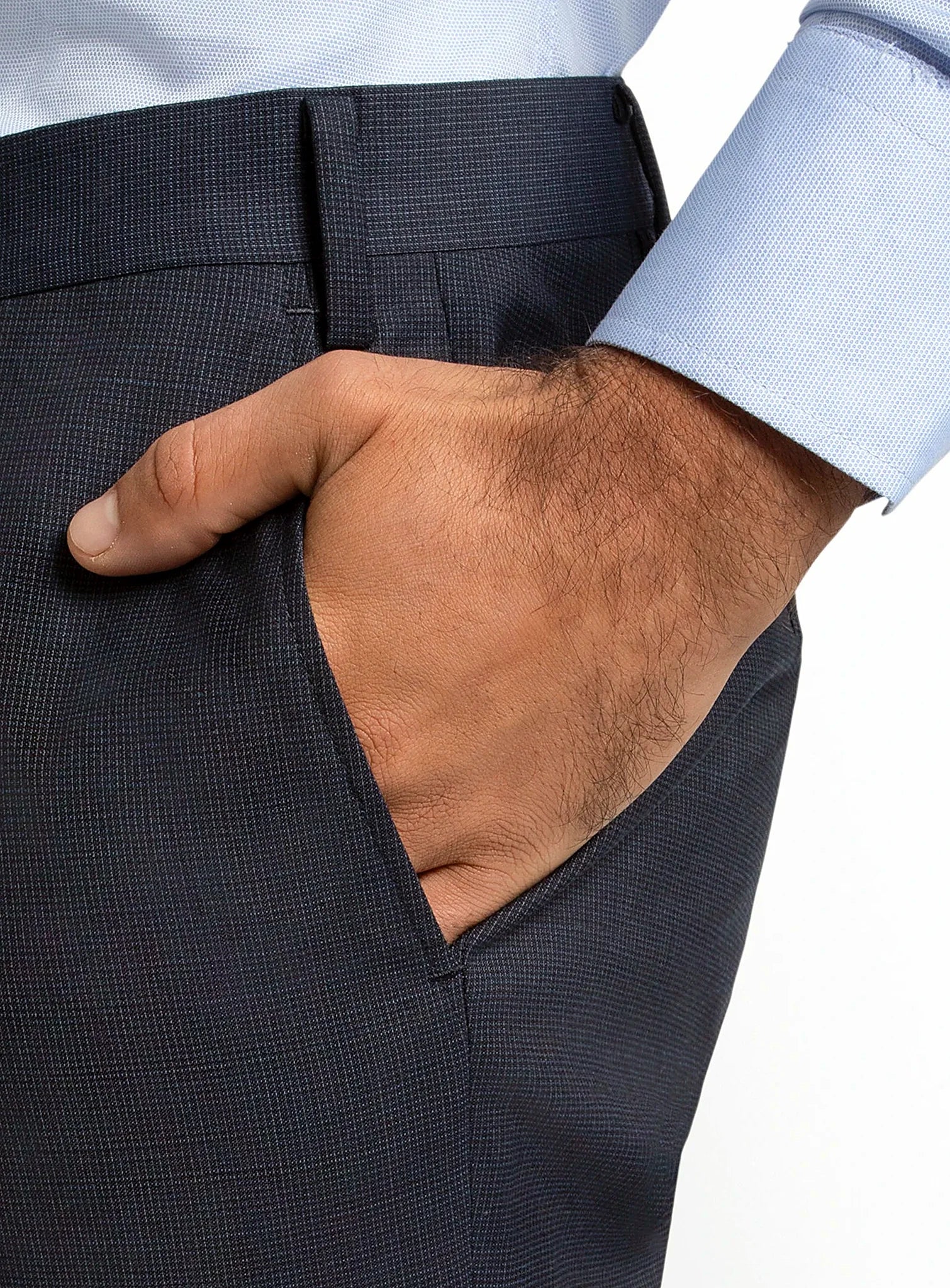 Close view of the soft twill weave in navy