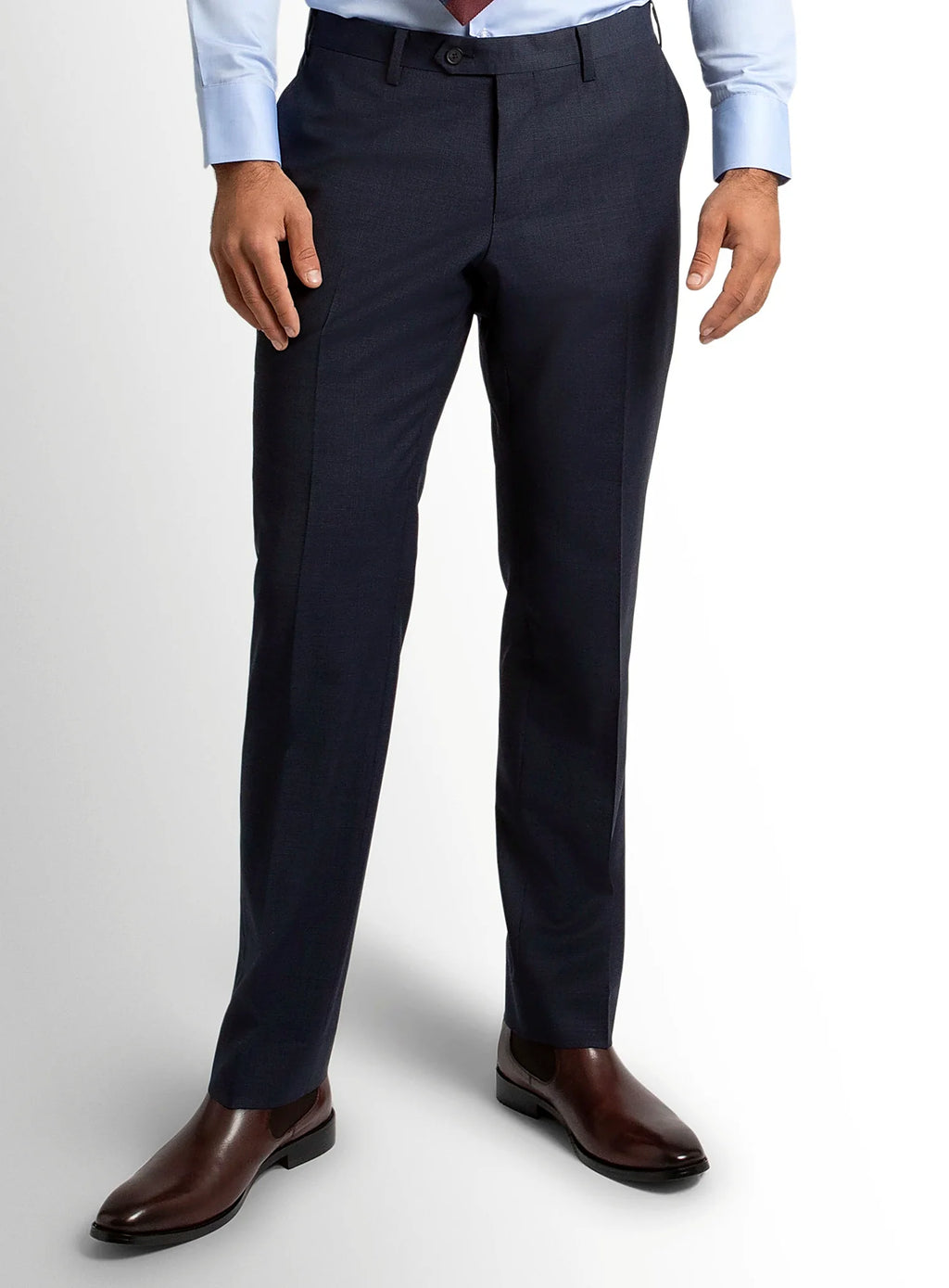 Navy twill trousers shown full length on a model