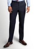 Navy twill trousers shown full length on a model