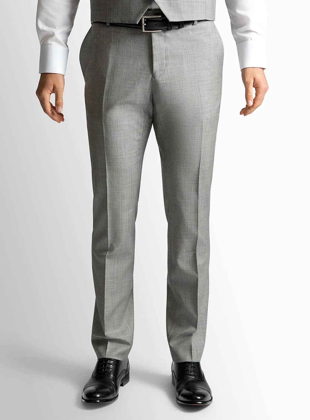 Silver grey sharkskin trousers shown full length