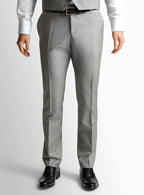 Silver grey sharkskin trousers shown full length