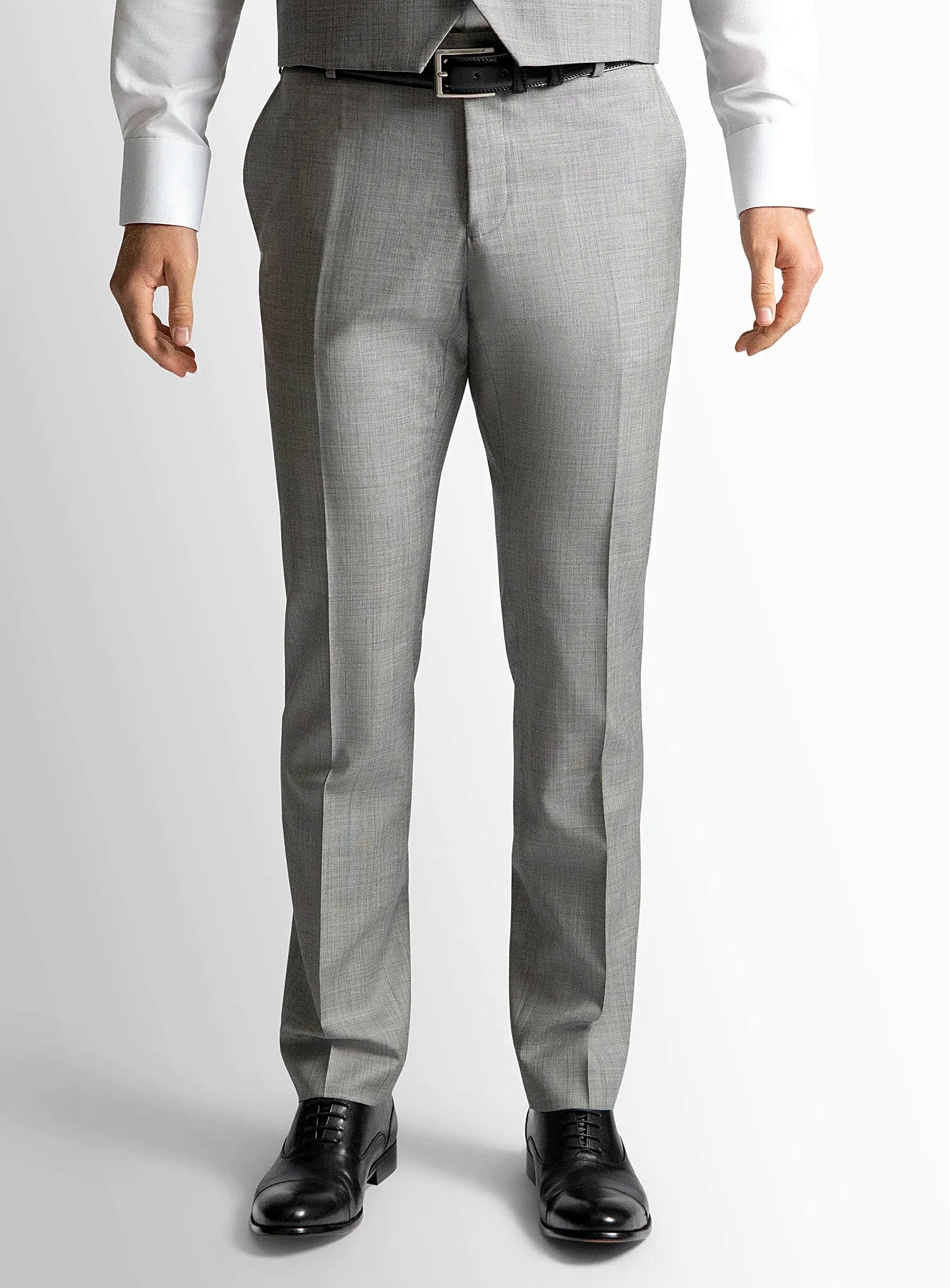 Silver grey sharkskin trousers shown full length