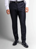 Black twill suit trousers shown full length
