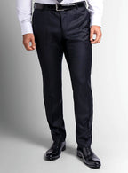Black twill suit trousers shown full length