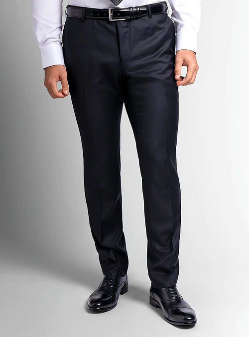 Black twill suit trousers shown full length