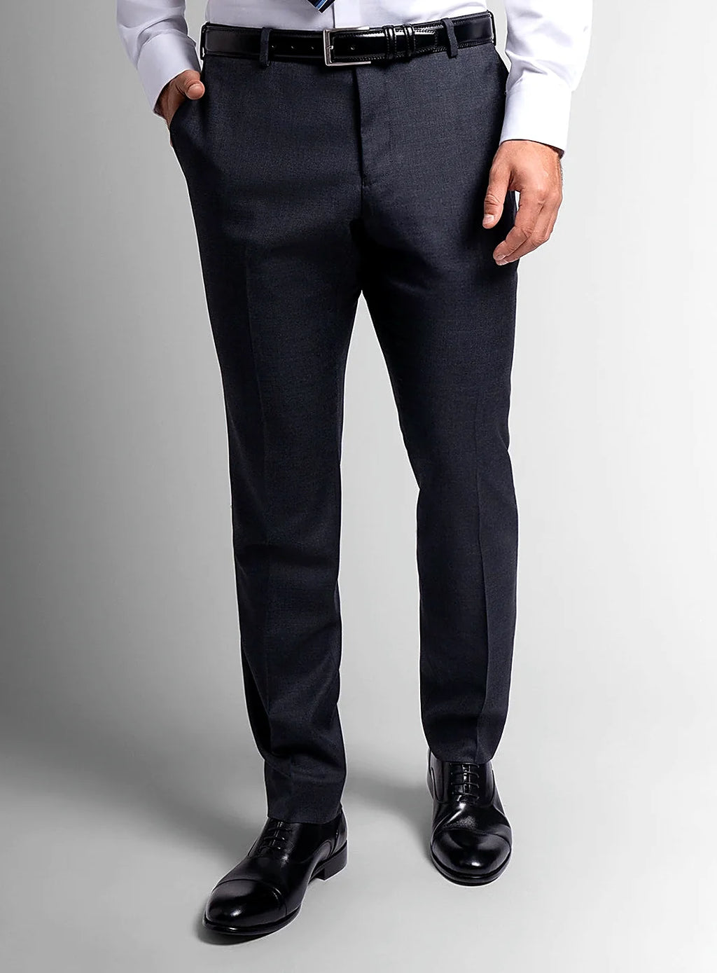 Waistband and front detail of the charcoal trousers