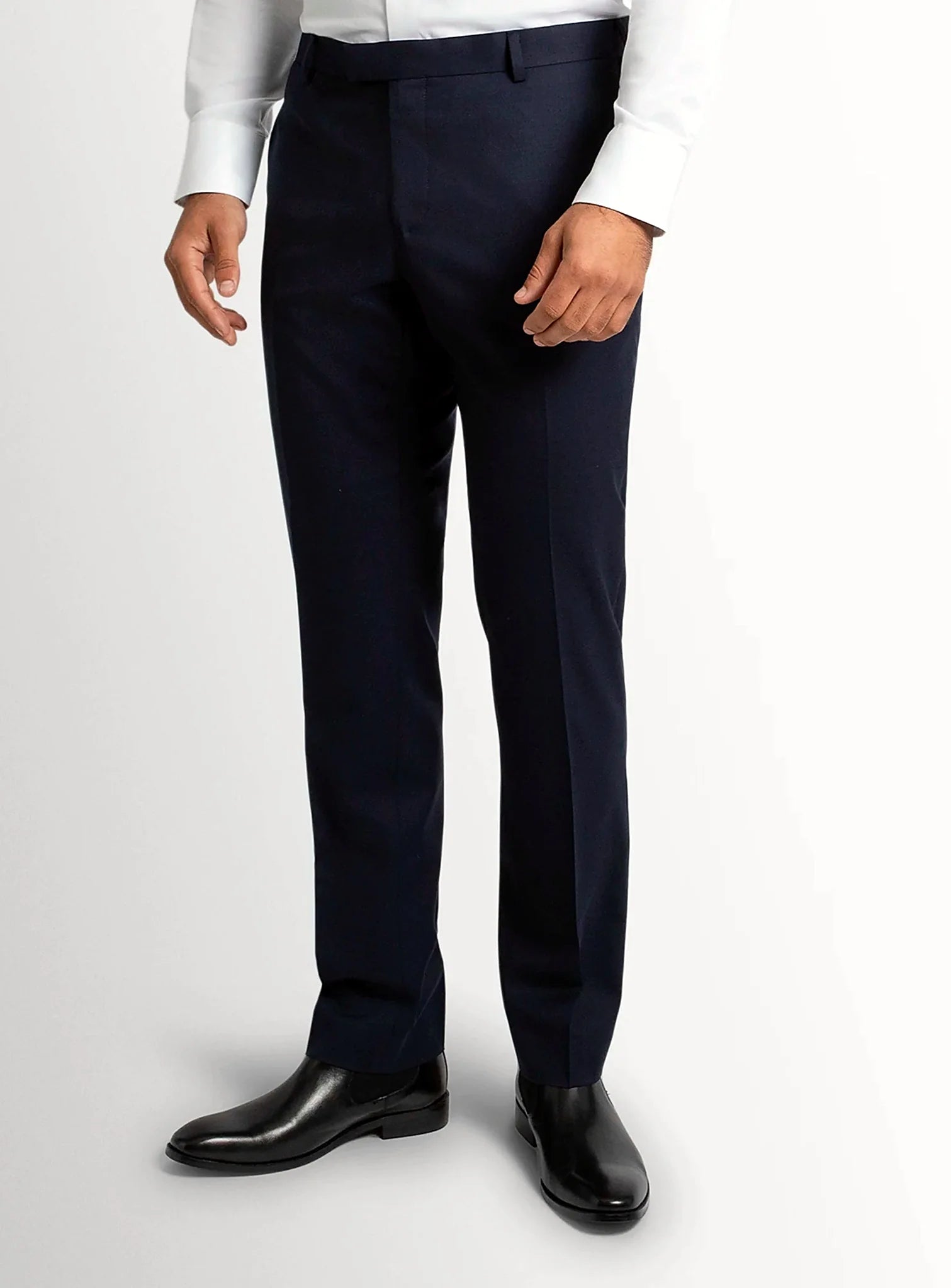 Navy twill suit trousers shown full length
