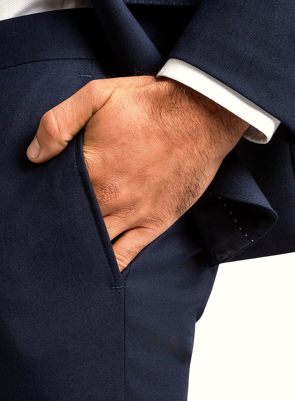 Side view of the relaxed navy trouser leg