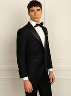 Collar and lapel detail of the black dinner jacket