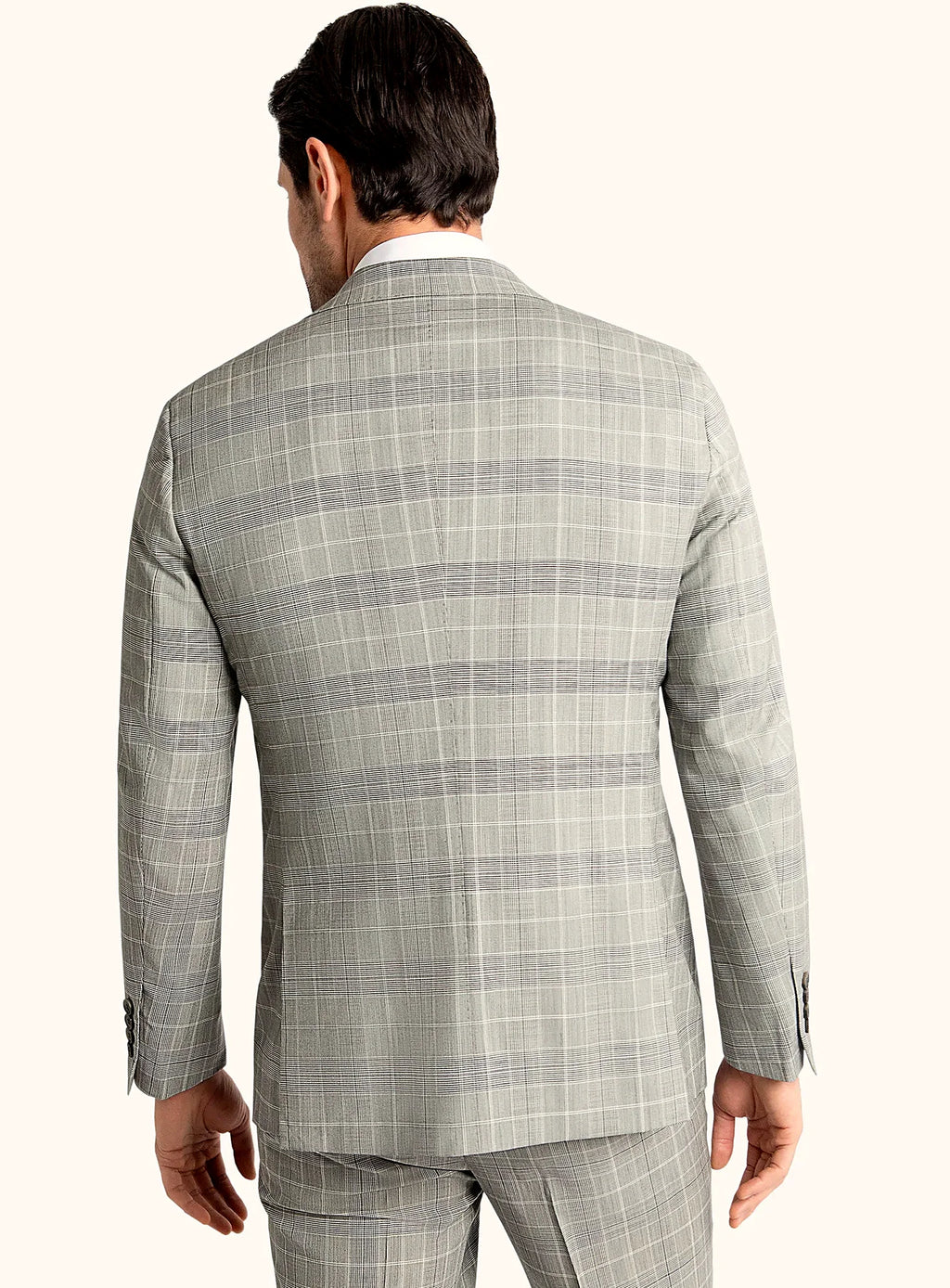 Wide notch lapel detail on the grey jacket