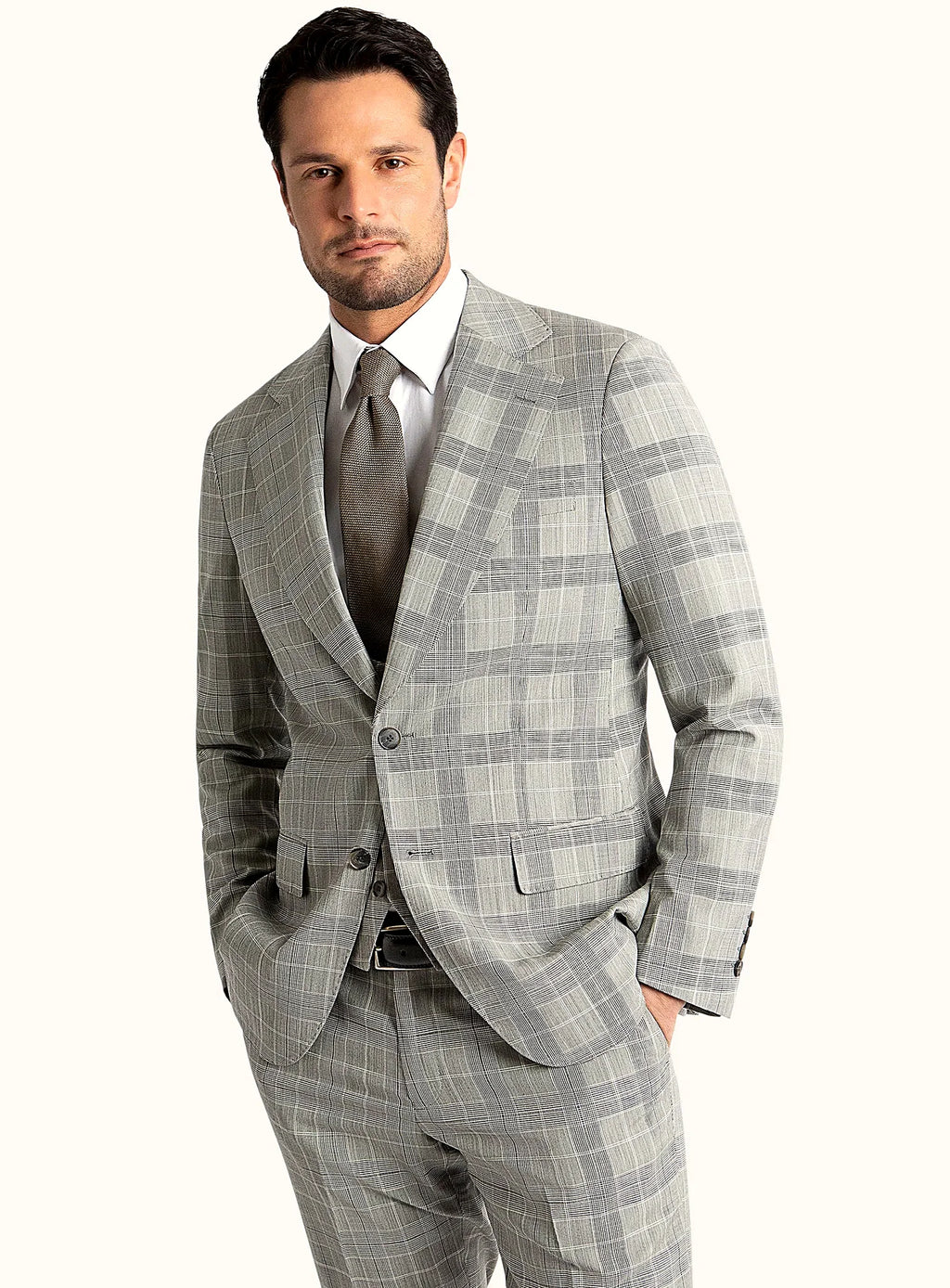 Grey frame check suit worn full length with a white shirt