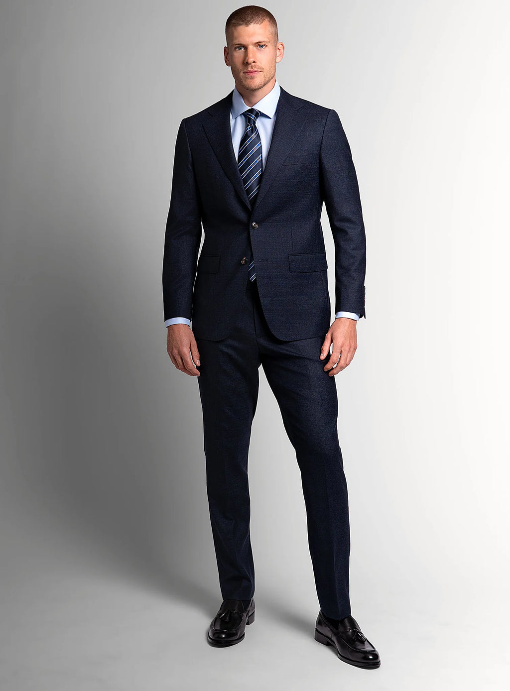 Angled view of the modern-fit navy jacket
