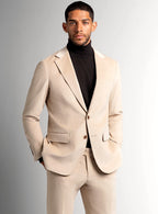 Lapel and chest detail of the sand beige jacket