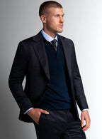 Collar and lapel detail of the navy overcheck jacket