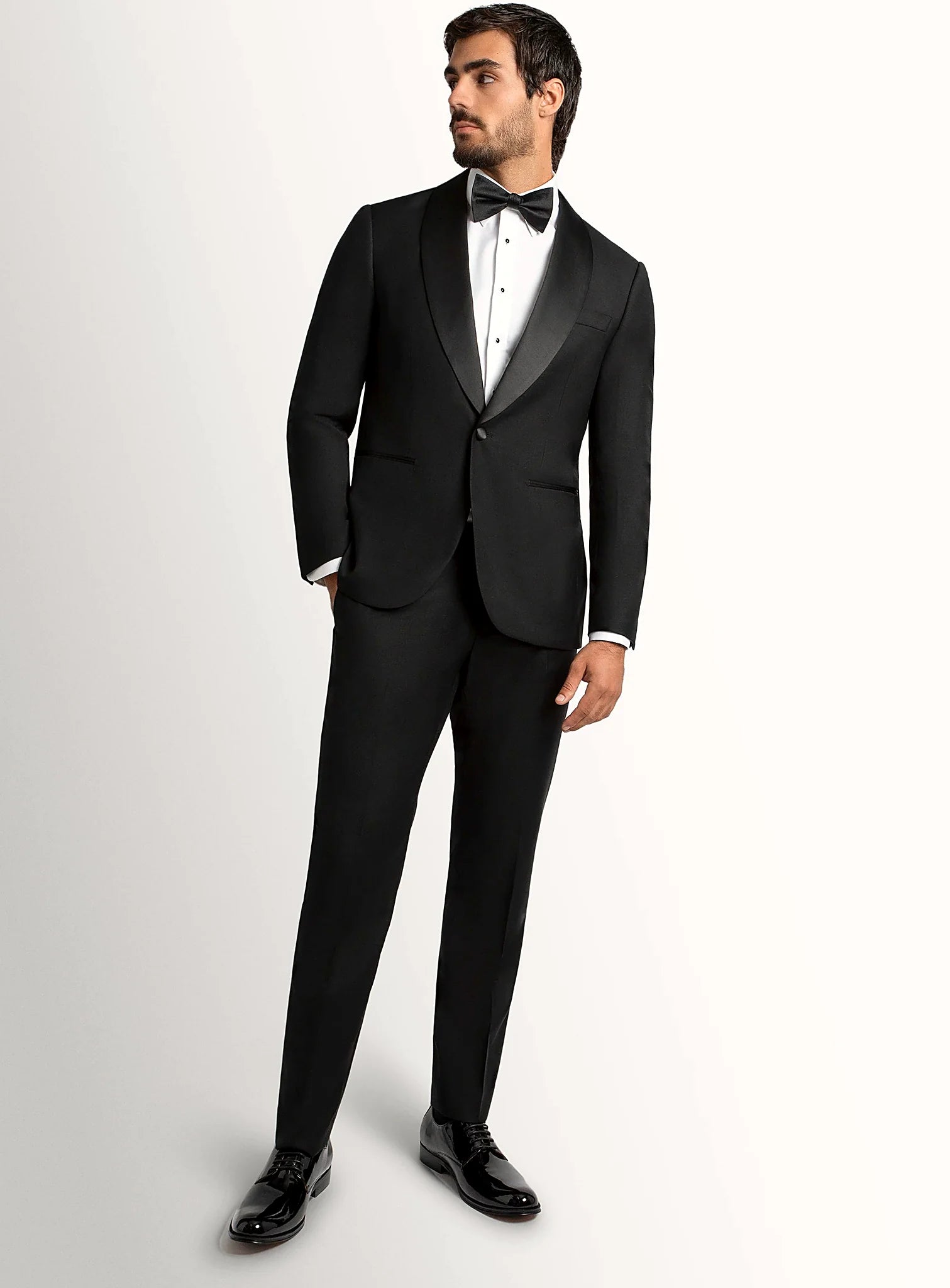 Angled view of the tuxedo jacket and dinner trousers